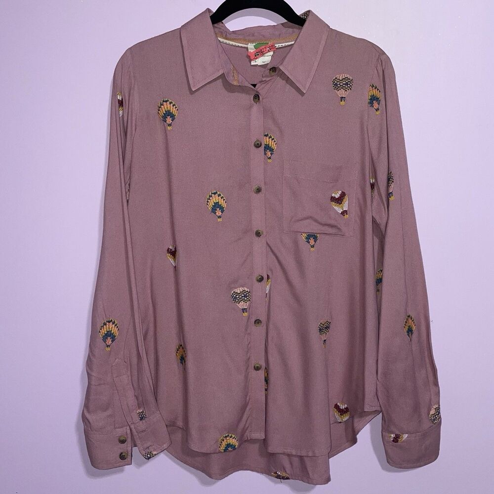 Anthropologie County Fair Button Up Top Women Size 8 Hot Air Balloon Embroidered